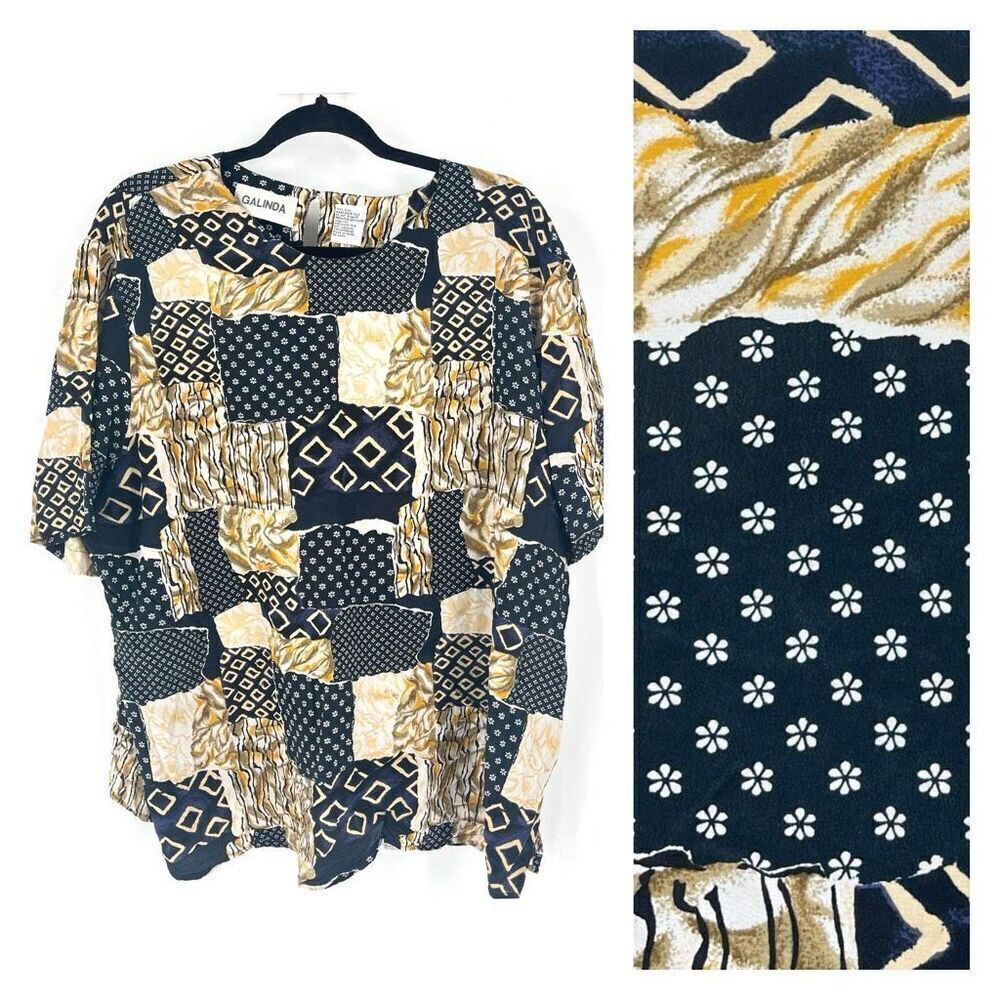 Vintage Galinda Women's Patchwork Silk Short Sleeve Blouse Gold Black Size 2x